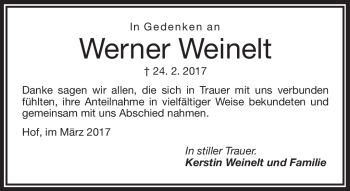 Traueranzeige von Werner Weinhelt von Frankenpost