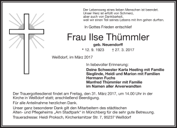 Traueranzeige von Ilse Thümmler von Frankenpost