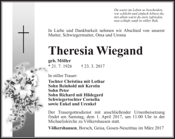 Traueranzeige von Theresia Wiegand von Südthüringer Presse