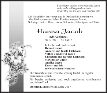 Traueranzeige von Hanna Jacob von Südthüringer Presse