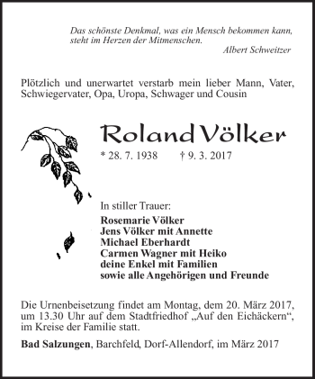 Traueranzeige von Roland Völker von Südthüringer Presse