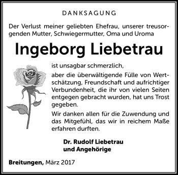Traueranzeige von Ingeborg Liebetrau von Südthüringer Presse