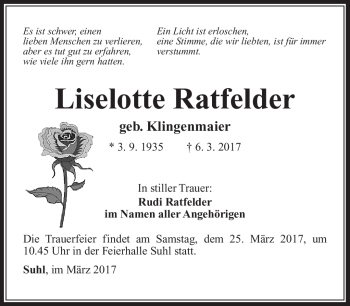Traueranzeige von Liselotte Ratfelder von Südthüringer Presse