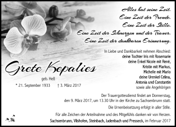 Traueranzeige von Grete Kepalis von Südthüringer Presse