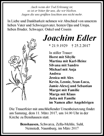 Traueranzeige von Joachim Edler von Südthüringer Presse