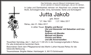 Traueranzeige von Jutta Jakob von Frankenpost