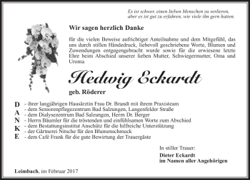 Traueranzeige von Hedwig Eckardt von Südthüringer Presse