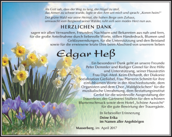 Traueranzeige von Edgar Heß von Südthüringer Presse