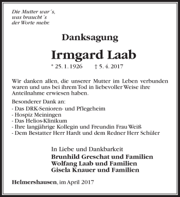 Traueranzeige von Irmgard Laab von Südthüringer Presse