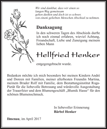 Traueranzeige von Hellfried Henker von Südthüringer Presse