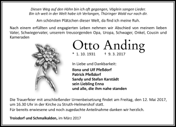 Traueranzeige von Otto Anding von Südthüringer Presse