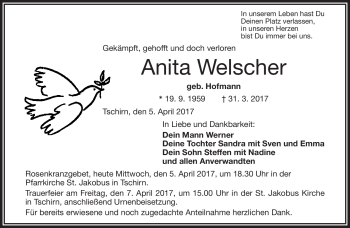 Traueranzeige von Anita Welscher von Frankenpost
