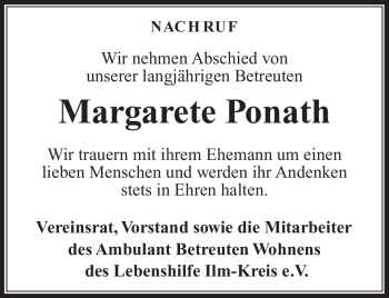Traueranzeige von Margarete Ponath von Südthüringer Presse