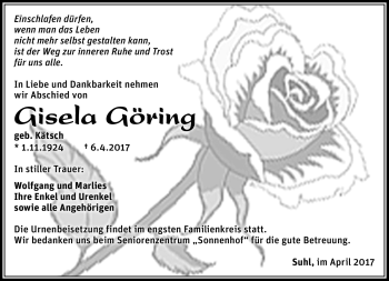 Traueranzeige von Gisela Göring von Südthüringer Presse