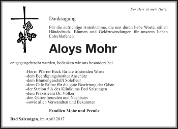 Traueranzeige von Aloys Mohr von Südthüringer Presse