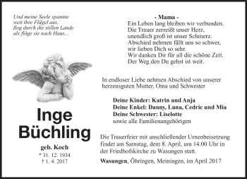 Traueranzeige von Inge Büchling von Südthüringer Presse