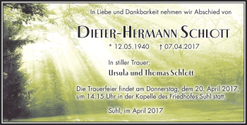Traueranzeige von Dieter-Hermann Schlott von Südthüringer Presse