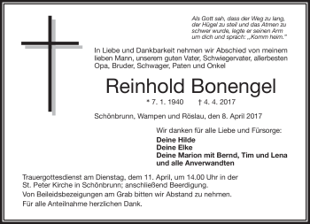 Traueranzeige von Reinhold Bonengel von Frankenpost
