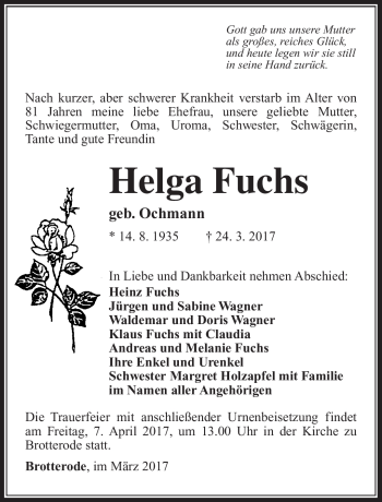 Traueranzeige von Helga Fuchs von Südthüringer Presse