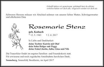 Traueranzeige von Rosemarie Stenz von Südthüringer Presse