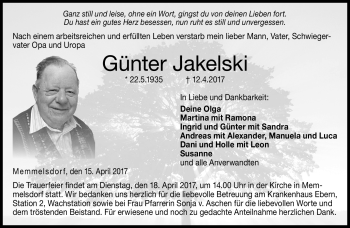 Traueranzeige von Günter Jakelski von Neue Presse Coburg
