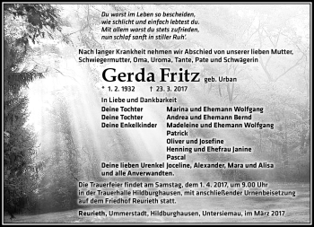 Traueranzeige von Gerda Fritz von Südthüringer Presse