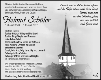 Traueranzeige von Helmut Schüler von Südthüringer Presse