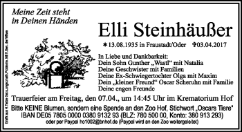 Traueranzeige von Elli Steinhäußer von Frankenpost
