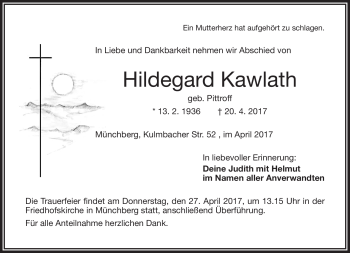 Traueranzeige von Hildegard Kawlath von Frankenpost