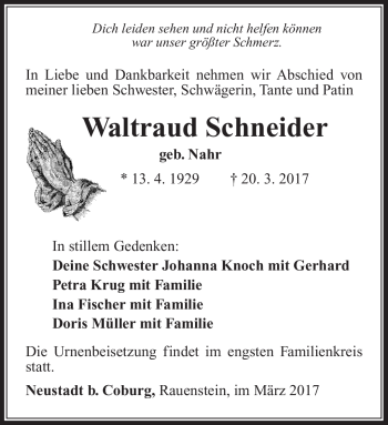 Traueranzeige von Waltraud Schneider von Südthüringer Presse