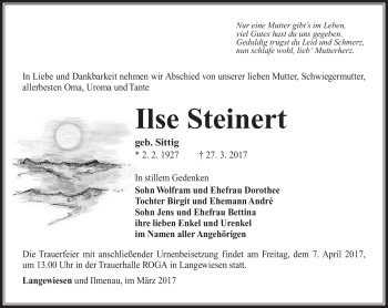 Traueranzeige von Ilse Steinert von Südthüringer Presse