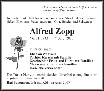 Traueranzeige von Alfred Zopp von Südthüringer Presse