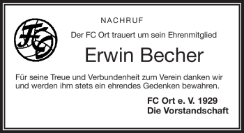 Traueranzeige von Erwin Becher von Frankenpost