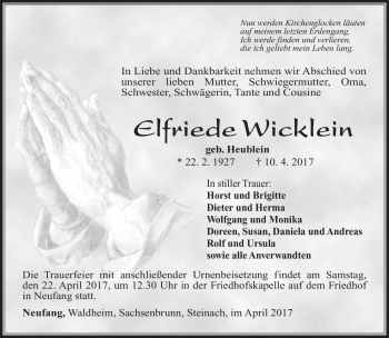 Traueranzeige von Elfriede Wicklein von Südthüringer Presse