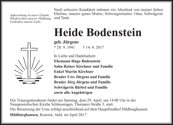 Traueranzeige von Heide Bodenstein von Südthüringer Presse