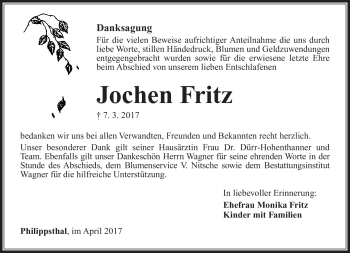 Traueranzeige von Jochen Fritz von Südthüringer Presse