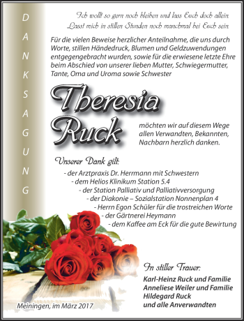Traueranzeige von Theresia Ruck von Südthüringer Presse