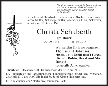 Traueranzeige von Christa Schuberth von Neue Presse Coburg