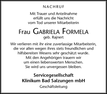 Traueranzeige von Gabriela Formela von Südthüringer Presse