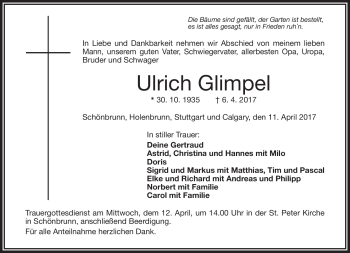 Traueranzeige von Ulrich Glimpel von Frankenpost
