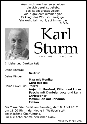 Traueranzeige von Sturm Karl von Frankenpost