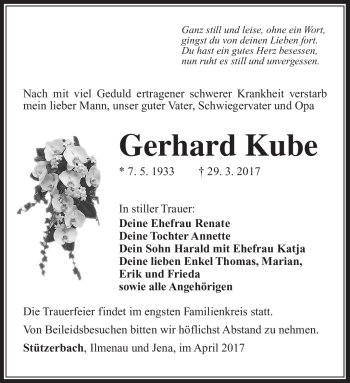 Traueranzeige von Gerhard Kube von Südthüringer Presse