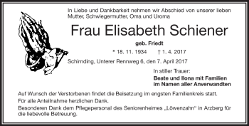 Traueranzeige von Elisabeth Schiener von Frankenpost