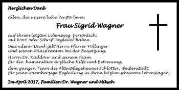 Traueranzeige von Sigrid Wagner von Frankenpost