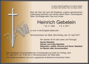 Traueranzeige von Heinrich Gebelein von Frankenpost