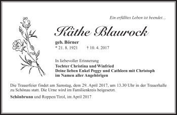 Traueranzeige von Käthe Blaurock von Südthüringer Presse