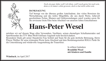 Traueranzeige von Hans-Peter Wesel von Südthüringer Presse