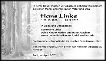 Traueranzeige von Hans Linke von Südthüringer Presse