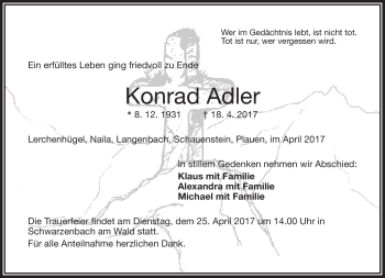 Traueranzeige von Konrad Adler von Frankenpost