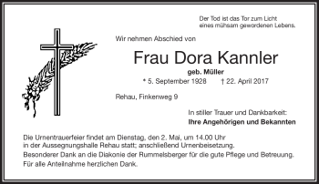 Traueranzeige von Dora Kannler von Frankenpost